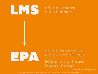 LMS
EPA

offrir du contenu
aux étudiants

Construire/gérer son
propre environnement
Rôle plus actif dans
l’apprentissage
(Attwell, 2007 ; Downes, 2005)

Nicolas Roland | @nicolasroland | Université libre de Bruxelles

 