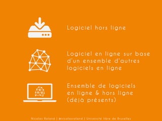 Logiciel hors ligne

Logiciel en ligne sur base
d’un ensemble d’autres
logiciels en ligne
Ensemble de logiciels
en ligne & hors ligne
(déjà présents)
Nicolas Roland | @nicolasroland | Université libre de Bruxelles

 
