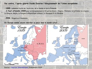 Source :  Courrier International , 5 novembre 2009 Par contre, l'après-guerre froide favorise l'élargissement de l'Union européenne -  1995  : adhésion facile de l'Autriche, de la Suède et de la Finlande -  il faut attendre 2004  pour un élargissement à 10 autres Etats : Chypre, l'Estonie, la Lettonie, la Lituanie,  la Hongrie, Malte, la Pologne la République tchèque, la Slovaquie et la Slovénie -  2006  : Bulgarie et Roumanie Et l'Europe semble encore chercher sa place dans le monde actuel... 