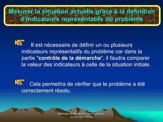 Méthode de Résolution des Problèmes
en Groupe PDCA 22
Mesurer la situation actuelle grâce à la définition
d’indicateurs représentatifs du problème
Il est nécessaire de définir un ou plusieurs
indicateurs représentatifs du problème car dans la
partie "contrôle de la démarche", il faudra comparer
la valeur des indicateurs à celle de la situation initiale.
Cela permettra de vérifier que le problème a été
correctement résolu.
 