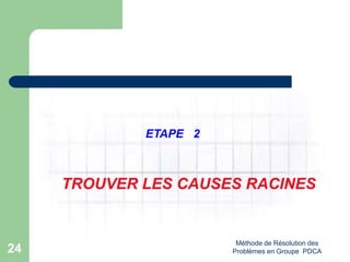 Méthode de Résolution des
Problèmes en Groupe PDCA
24
ETAPE 2
TROUVER LES CAUSES RACINES
 