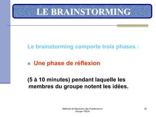 Méthode de Résolution des Problèmes en
Groupe PDCA
28
LE BRAINSTORMING
Le brainstorming comporte trois phases :
 Une phase de réflexion
(5 à 10 minutes) pendant laquelle les
membres du groupe notent les idées.
 