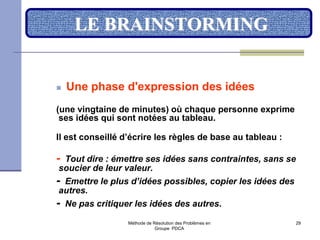 Méthode de Résolution des Problèmes en
Groupe PDCA
29
LE BRAINSTORMING
 Une phase d'expression des idées
(une vingtaine de minutes) où chaque personne exprime
ses idées qui sont notées au tableau.
Il est conseillé d’écrire les règles de base au tableau :
- Tout dire : émettre ses idées sans contraintes, sans se
soucier de leur valeur.
- Emettre le plus d’idées possibles, copier les idées des
autres.
- Ne pas critiquer les idées des autres.
 