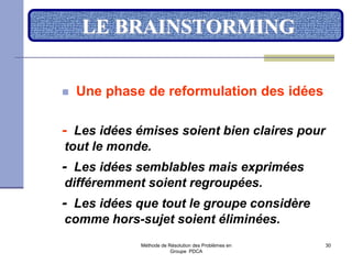 Méthode de Résolution des Problèmes en
Groupe PDCA
30
LE BRAINSTORMING
 Une phase de reformulation des idées
- Les idées émises soient bien claires pour
tout le monde.
- Les idées semblables mais exprimées
différemment soient regroupées.
- Les idées que tout le groupe considère
comme hors-sujet soient éliminées.
 