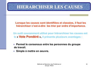 Méthode de Résolution des Problèmes en
Groupe PDCA
34
HIERARCHISER LES CAUSES
Lorsque les causes sont identifiées et classées, il faut les
hiérarchiser c’est-à-dire les trier par ordre d’importance.
Un outil couramment utilisé pour hiérarchiser les causes est
le « Vote Pondéré », il présente plusieurs avantages :
 Permet le consensus entre les personnes du groupe
de travail.
 Simple à mettre en oeuvre.
 