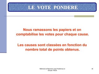 Méthode de Résolution des Problèmes en
Groupe PDCA
36
LE VOTE PONDERE
Nous ramassons les papiers et on
comptabilise les votes pour chaque cause.
Les causes sont classées en fonction du
nombre total de points obtenus.
 