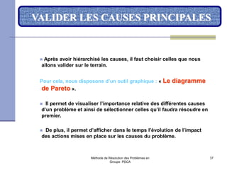 Méthode de Résolution des Problèmes en
Groupe PDCA
37
VALIDER LES CAUSES PRINCIPALES
 Après avoir hiérarchisé les causes, il faut choisir celles que nous
allons valider sur le terrain.
Pour cela, nous disposons d’un outil graphique : « Le diagramme
de Pareto ».
 Il permet de visualiser l’importance relative des différentes causes
d’un problème et ainsi de sélectionner celles qu’il faudra résoudre en
premier.
 De plus, il permet d’afficher dans le temps l’évolution de l’impact
des actions mises en place sur les causes du problème.
 