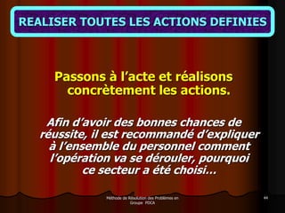 Méthode de Résolution des Problèmes en
Groupe PDCA
44
REALISER TOUTES LES ACTIONS DEFINIES
Passons à l’acte et réalisons
concrètement les actions.
Afin d’avoir des bonnes chances de
réussite, il est recommandé d’expliquer
à l’ensemble du personnel comment
l’opération va se dérouler, pourquoi
ce secteur a été choisi…
 