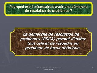 Méthode de Résolution des Problèmes en
Groupe PDCA
5
Pourquoi est-il nécessaire d’avoir une démarche
de résolution de problèmes ?
La démarche de résolution de
problèmes (PDCA) permet d'éviter
tout cela et de résoudre un
problème de façon définitive.
 