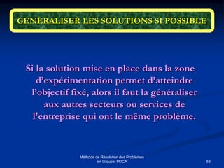 53
Méthode de Résolution des Problèmes
en Groupe PDCA
GENERALISER LES SOLUTIONS SI POSSIBLE
Si la solution mise en place dans la zone
d’expérimentation permet d’atteindre
l’objectif fixé, alors il faut la généraliser
aux autres secteurs ou services de
l'entreprise qui ont le même problème.
 
