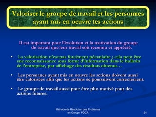 54
Méthode de Résolution des Problèmes
en Groupe PDCA
Valoriser le groupe de travail et les personnes
ayant mis en oeuvre les actions
Il est important pour l’évolution et la motivation du groupe
de travail que leur travail soit reconnu et apprécié.
• La valorisation n’est pas forcément pécuniaire ; cela peut être
une reconnaissance sous forme d’information dans le bulletin
de l’entreprise, par affichage des résultats obtenus…
• Les personnes ayant mis en oeuvre les actions doivent aussi
être valorisées afin que les actions se poursuivent correctement.
• Le groupe de travail aussi pour être plus motivé pour des
actions futures.
 