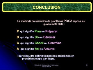 Méthode de Résolution des Problèmes en
Groupe PDCA
56
CONCLUSION
La méthode de résolution de problèmes PDCA repose sur
quatre mots clefs :
P qui signifie Plan ou Préparer.
D qui signifie Do ou Dérouler.
C qui signifie Check ou Contrôler.
A qui signifie Act ou Assurer.
Pour résoudre définitivement les problèmes en
procédant étape par étape.
 