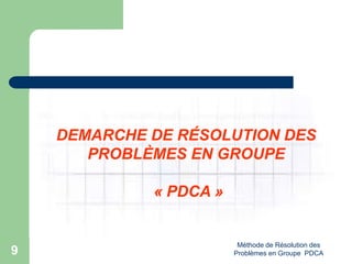 Méthode de Résolution des
Problèmes en Groupe PDCA
9
DEMARCHE DE RÉSOLUTION DES
PROBLÈMES EN GROUPE
« PDCA »
 