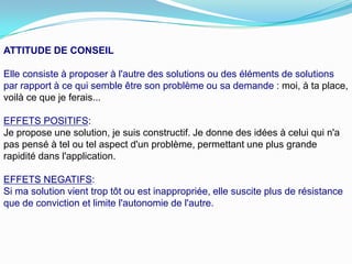 ATTITUDE DE CONSEIL

Elle consiste à proposer à l'autre des solutions ou des éléments de solutions
par rapport à ce qui semble être son problème ou sa demande : moi, à ta place,
voilà ce que je ferais...

EFFETS POSITIFS:
Je propose une solution, je suis constructif. Je donne des idées à celui qui n'a
pas pensé à tel ou tel aspect d'un problème, permettant une plus grande
rapidité dans l'application.

EFFETS NEGATIFS:
Si ma solution vient trop tôt ou est inappropriée, elle suscite plus de résistance
que de conviction et limite l'autonomie de l'autre.
 
