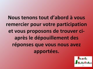 Nous tenons tout d’abord à vous
remercier pour votre participation
et vous proposons de trouver ci-
après le dépouillement des
réponses que vous nous avez
apportées.
 