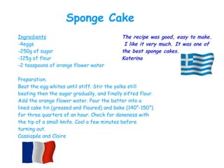 Ingredients
-4eggs
-250g of sugar
-125g of flour
-2 teaspoons of orange flower water
Preparation.
Beat the egg whites until stiff. Stir the yolks still
beating then the sugar gradually, and finally sifted flour.
Add the orange flower water. Pour the batter into a
lined cake tin (greased and floured) and bake (140°-150°)
for three quarters of an hour. Check for doneness with
the tip of a small knife. Cool a few minutes before
turning out.
Cassiopée and Claire
Sponge Cake
The recipe was good, easy to make.
I like it very much. It was one of
the best sponge cakes.
Katerina
 