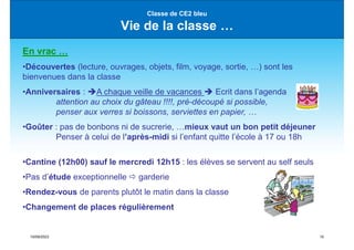 15/09/2023 10
Classe de CE2 bleu
Vie de la classe …
En vrac …
•Découvertes (lecture, ouvrages, objets, film, voyage, sortie, …) sont les
bienvenues dans la classe
•Anniversaires : A chaque veille de vacances  Ecrit dans l’agenda
attention au choix du gâteau !!!!, pré-découpé si possible,
penser aux verres si boissons, serviettes en papier, …
•Goûter : pas de bonbons ni de sucrerie, …mieux vaut un bon petit déjeuner
Penser à celui de l’après-midi si l’enfant quitte l’école à 17 ou 18h
•Cantine (12h00) sauf le mercredi 12h15 : les élèves se servent au self seuls
•Pas d’étude exceptionnelle  garderie
•Rendez-vous de parents plutôt le matin dans la classe
•Changement de places régulièrement
 