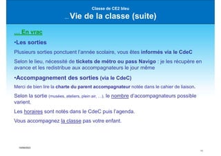 15/09/2023
11
Classe de CE2 bleu
… Vie de la classe (suite)
… En vrac
•Les sorties
Plusieurs sorties ponctuent l’année scolaire, vous êtes informés via le CdeC
Selon le lieu, nécessité de tickets de métro ou pass Navigo : je les récupère en
avance et les redistribue aux accompagnateurs le jour même
•Accompagnement des sorties (via le CdeC)
Merci de bien lire la charte du parent accompagnateur notée dans le cahier de liaison.
Selon la sortie (musées, ateliers, plein air, …), le nombre d’accompagnateurs possible
varient.
Les horaires sont notés dans le CdeC puis l’agenda.
Vous accompagnez la classe pas votre enfant.
 