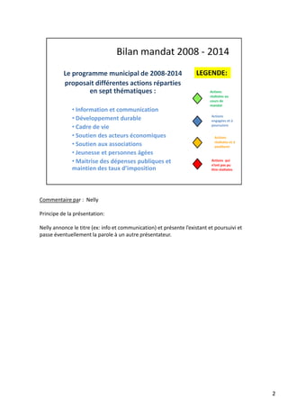 Commentaire par : Nelly
Principe de la présentation:
Nelly annonce le titre (ex: info et communication) et présente l’existant et poursuivi et
passe éventuellement la parole à un autre présentateur.
2
 