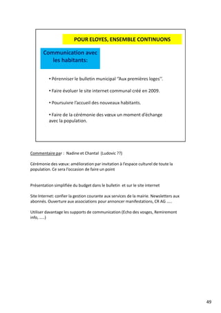 Commentaire par : Nadine et Chantal (Ludovic ??)
Cérémonie des vœux: amélioration par invitation à l’espace culturel de toute la
population. Ce sera l’occasion de faire un point
Présentation simplifiée du budget dans le bulletin et sur le site internet
Site Internet: confier la gestion courante aux services de la mairie. Newsletters aux
abonnés. Ouverture aux associations pour annoncer manifestations, CR AG …..
Utiliser davantage les supports de communication (Echo des vosges, Remiremont
info, …..)
49
 