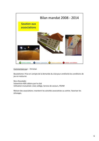 Commentaire par : Christian
Boulodrome: Prise en compte de la demande du club pour améliorée les conditions de
jeu en nocturne.
Mur d’escalade:
Subvention 40% obtenu par le club
Utilisation mutualisée: club; collège, Service de secours, PGHM
Maison des associations: maintenir les activités associatives au centre. Favoriser les
échanges.
6
 