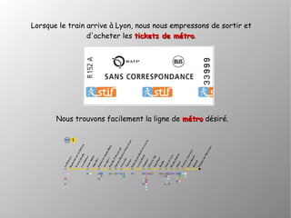 Lorsque le train arrive à Lyon, nous nous empressons de sortir et
d'acheter les tickets de métrotickets de métro.
Nous trouvons facilement la ligne de métrométro désiré.
 