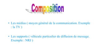 • Les médias ( moyen général de la communication. Exemple
: la TV )
• Les supports ( véhicule particulier de diffusion de message.
Exemple : NRJ )
 