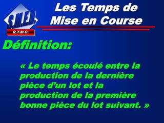Les Temps de
Mise en Course
R.T.M.C.
Définition:
« Le temps écoulé entre la
production de la dernière
pièce d’un lot et la
production de la première
bonne pièce du lot suivant. »
 