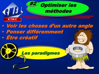 R.T.M.C.
• Voir les choses d’un autre angle
• Penser différemment
• Être créatif
Les paradigmes
Optimiser les
méthodes
#2
 