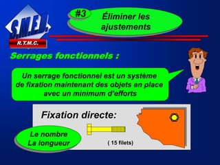 R.T.M.C.
Serrages fonctionnels :
Un serrage fonctionnel est un système
de fixation maintenant des objets en place
avec un minimum d’efforts
Fixation directe:
( 15 filets)
Le nombre
La longueur
Éliminer les
ajustements
#3
 