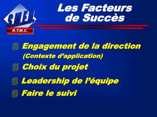  Engagement de la direction
(Contexte d’application)
R.T.M.C.
Les Facteurs
de Succès
 Choix du projet
 Leadership de l’équipe
 Faire le suivi
 