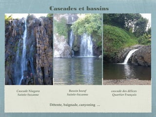 cascade des délices
Quartier Français
Cascade Niagara
Sainte-Suzanne
Cascades et bassins
Bassin boeuf
Sainte-Suzanne
Détente, baignade, canyoning …
 