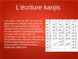 L'écriture kanjis
●   -Les Kanji. Prés de 95% de l'écriture
    japonaise est rédigée sous forme de
    kanji. Les Kanji sont en réalité des
    idéogrammes chinois qui ont été par
    la suite adaptés à la langue japonaise.
    Lorsque cette modification de
    caractères a été faite, les Japonais en
    ont profités pour imposer chacune des
    prononciations liées aux kanji. La
    prononciation chinoise est donc
    totalement différentes
 