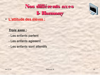 16/12/14 Déborah M 10
Nos différents axesNos différents axes
I- HarmonyI- Harmony
● L'attitude des élèves :
Trois axes :
- Les enfants parlent
- Les enfants agissent
- Les enfants sont attentifs
 