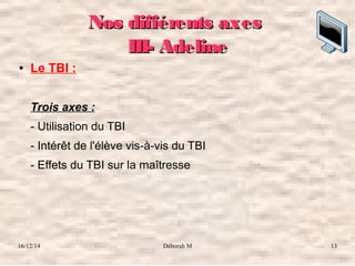 16/12/14 Déborah M 13
Nos différents axesNos différents axes
III- AdelineIII- Adeline
● Le TBI :
Trois axes :
- Utilisation du TBI
- Intérêt de l'élève vis-à-vis du TBI
- Effets du TBI sur la maîtresse
 
