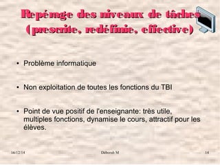16/12/14 Déborah M 14
Repérage des niveaux de tâchesRepérage des niveaux de tâches
(prescrite, redéfinie, effective)(prescrite, redéfinie, effective)
● Problème informatique
● Non exploitation de toutes les fonctions du TBI
● Point de vue positif de l'enseignante: très utile,
multiples fonctions, dynamise le cours, attractif pour les
élèves.
 