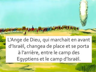 L’Ange de Dieu, qui marchait en avant
d’Israël, changea de place et se porta
à l’arrière, entre le camp des
Egyptiens et le camp d’Israël.
 