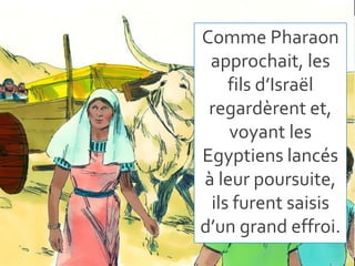 Comme Pharaon
approchait, les
fils d’Israël
regardèrent et,
voyant les
Egyptiens lancés
à leur poursuite,
ils furent saisis
d’un grand effroi.
 
