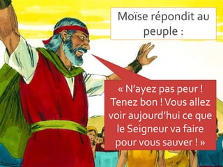 Moïse répondit au
peuple :
« N’ayez pas peur !
Tenez bon !Vous allez
voir aujourd’hui ce que
le Seigneur va faire
pour vous sauver ! »
 