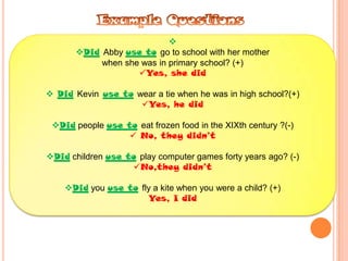 
Did Abby use to go to school with her mother
when she was in primary school? (+)
Yes, she did
 Did Kevin use to wear a tie when he was in high school?(+)
Yes, he did
Did people use to eat frozen food in the XIXth century ?(-)
 No, they didn’t
Did children use to play computer games forty years ago? (-)
No,they didn’t
Did you use to fly a kite when you were a child? (+)
Yes, I did

 