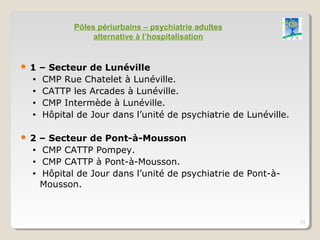 Pôles périurbains – psychiatrie adultes
                 alternative à l’hospitalisation


1   – Secteur de Lunéville
    CMP Rue Chatelet à Lunéville.
    CATTP les Arcades à Lunéville.
    CMP Intermède à Lunéville.
    Hôpital de Jour dans l’unité de psychiatrie de Lunéville.

2 – Secteur de Pont-à-Mousson
  CMP CATTP Pompey.
  CMP CATTP à Pont-à-Mousson.
  Hôpital de Jour dans l’unité de psychiatrie de Pont-à-
   Mousson.



                                                                 13
 