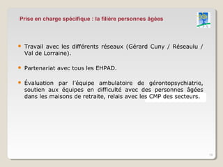 Prise en charge spécifique : la filière personnes âgées



   Travail avec les différents réseaux (Gérard Cuny / Réseaulu /
    Val de Lorraine).

   Partenariat avec tous les EHPAD.

   Évaluation par l’équipe ambulatoire de gérontopsychiatrie,
    soutien aux équipes en difficulté avec des personnes âgées
    dans les maisons de retraite, relais avec les CMP des secteurs.




                                                                      19
 