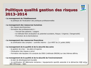 Politique qualité gestion des risques
2013-2014
- Le management de l’établissement
      - la politique de l’évaluation des pratiques professionnelles

- Le management des ressources humaines
      - les risques psychosociaux
      - formation des professionnels à :
             - l’accueil des patients / usagers
             - la méthode RUD (évaluation du potentiel suicidaire, Risque / Urgence / Dangerosité)
             - Promotion de la bientraitance

- Le management des ressources financières
      - la certification des comptes – contrôle interne – (Loi HPST du 21 juillet 2009)

- Le management de la qualité et de la sécurité des soins
      - la gestion de crise - les plans d’urgence
      - l’évaluation des risques a priori
      - Formation des équipes à la conduite de CREX (méthode ORION) sur des thèmes définis.

- Le management de la qualité et de la sécurité de l’environnement
      - le plan de développement durable
      - la certification NF Bâtiments tertiaires / équipements sportifs associée à la démarche HQE et/ou
                                                                                                      25
      BBC Effinergie – NBH.
 