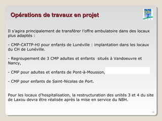 Opérations de travaux en projet

Il s’agira principalement de transférer l’offre ambulatoire dans des locaux
plus adaptés :

- CMP-CATTP-HJ pour enfants de Lunéville : implantation dans les locaux
du CH de Lunéville.

- Regroupement de 3 CMP adultes et enfants situés à Vandoeuvre et
Nancy,

- CMP pour adultes et enfants de Pont-à-Mousson,

- CMP pour enfants de Saint-Nicolas de Port.


Pour les locaux d’hospitalisation, la restructuration des unités 3 et 4 du site
de Laxou devra être réalisée après la mise en service du NBH.


                                                                              36
 