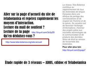 Aller sur la page d'accueil du site de telabotanica et repérez rapidement les moyens d'interaction. Lecture du mail de soutient ? Lecture de la page Qu'en déduisez-vous ?  Le réseau Tela Botanica contribue au rapprochement de tous les botanistes de langue française dans une éthique de partage des connaissances et de respect de l’homme et de la nature. Sa vocation est de favoriser l'échange d'informations, d'animer des projets grâce aux nouvelles technologies de la communication et de produire des données libres de droit au service de l'ensemble des botanistes. Étude rapide de 3 réseaux – ADBS, cdidoc et Telabotanica http://www.tela-botanica.org/site:accueil   http://tinyurl.com/2cpajo7   Pour aller plus loin http://tinyurl.com/3x3y25l   