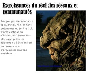 Excroissances du réel :les réseaux et communautés http://tinyurl.com/2ezjzvd   Ces groupes viennent pour la plupart du réel. Ils sont autonomes ou sont le fruit d'organisations ou d'institutions. Le net sert alors à amplifier les relations ou à être un lieu de ressources et d'arguments pour ses membres. 