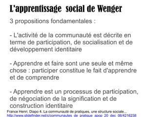 3 propositions fondamentales : - L'activité de la communauté est décrite en terme de participation, de socialisation et de développement identitaire - Apprendre et faire sont une seule et même chose : participer constitue le fait d'apprendre et de comprendre - Apprendre est un processus de participation, de négociation de la signification et de construction identitaire L'apprentissage  social de Wenger France Henri. Diapo 4. La communauté de pratiques, une structure sociale...  http://www.slidefinder.net/c/communautes_de_pratique_apop_20_dec_06/4216238   