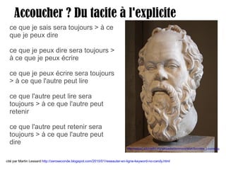 ce que je sais sera toujours > à ce que je peux dire ce que je peux dire sera toujours > à ce que je peux écrire ce que je peux écrire sera toujours > à ce que l'autre peut lire ce que l'autre peut lire sera toujours > à ce que l'autre peut retenir ce que l'autre peut retenir sera toujours > à ce que l'autre peut dire cité par Martin Lessard  http://zeroseconde.blogspot.com/2010/01/reseauter-en-ligne-keyword-no-candy.html   Accoucher ? Du tacite à l'explicite http://upload.wikimedia.org/wikipedia/commons/a/a4/Socrates_Louvre.jpg   