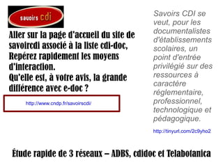 Aller sur la page d'accueil du site de savoircdi associé à la liste cdi-doc, Repérez rapidement les moyens d'interaction. Qu'elle est, à votre avis, la grande différence avec e-doc ? Savoirs CDI se veut, pour les documentalistes d'établissements scolaires, un point d'entrée privilégié sur des ressources à caractère réglementaire, professionnel, technologique et pédagogique. Étude rapide de 3 réseaux – ADBS, cdidoc et Telabotanica http://www.cndp.fr/savoirscdi/   http://tinyurl.com/2c9yho2   