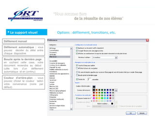  Le support visuel              Options : défilement, transitions, etc.

Défilement manuel

Défilement automatique : vous
pouvez décider du délai entre
chaque diapositive

Boucle après la dernière page :
en cochant cette case, votre
document reviendra au début
(utile  lors  d’un    défilement
automatique et en continu)

Couleur d’arrière-plan : vous
pouvez choisir la couleur selon
votre convenance (noire par
défaut)
 